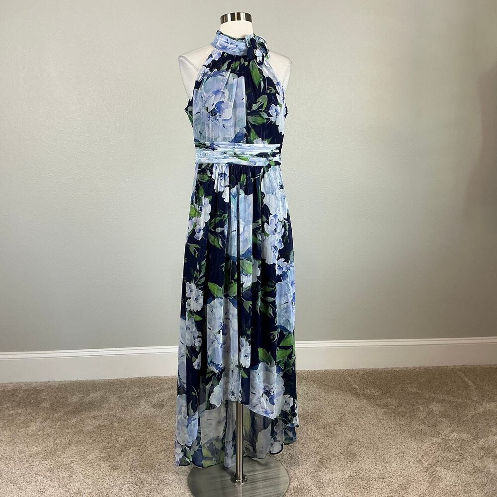 Eliza J Women's Sparkly Floral Print Chiffon High Low Maxi Dress Blue Size 8 - Picture 2 of 14